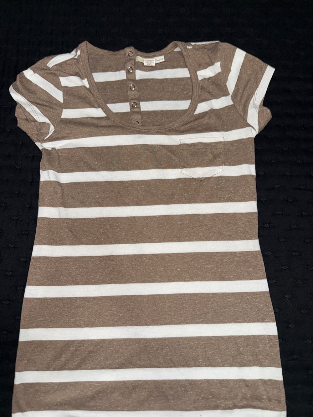 Derek Heart Brown & White Striped Scoop Neck Tee with Button Placket